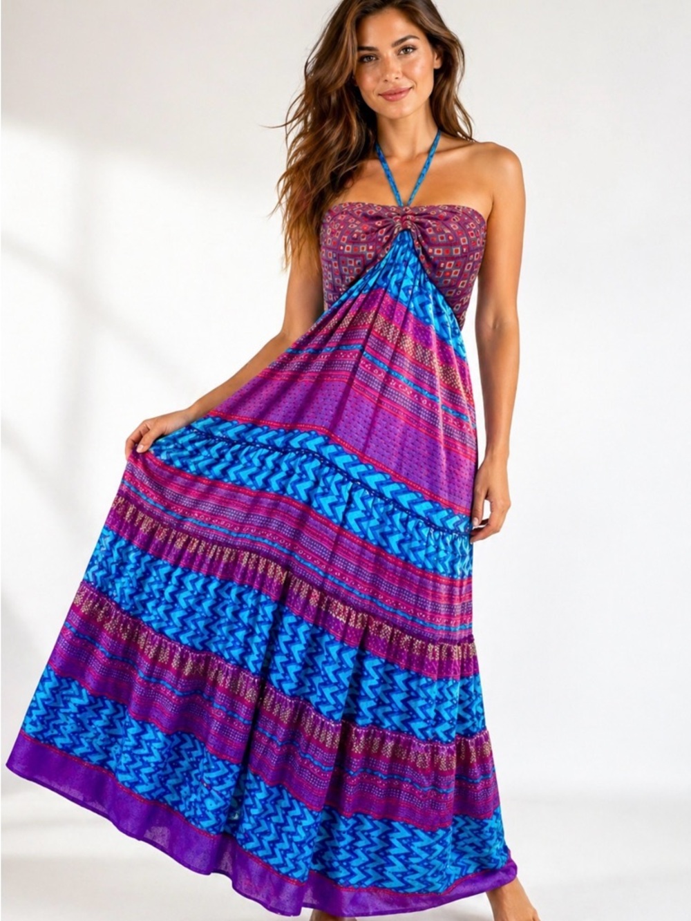 HALE BOB Alira Silk Maxi Halter Purple Turquoise Moroccan Tile Print Dress Sz L